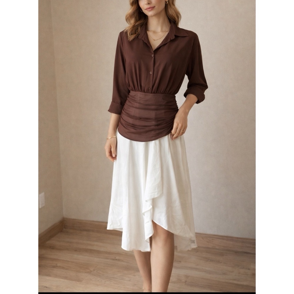 Elegant Two-Tone Dress Brown Top White Skirt Chic Minimalist